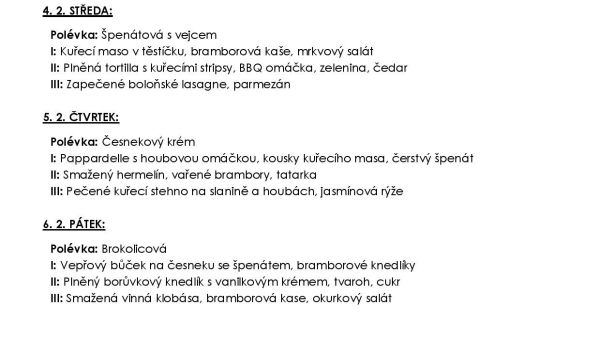 únor - týdenní menu 2.2. 6.2.2026