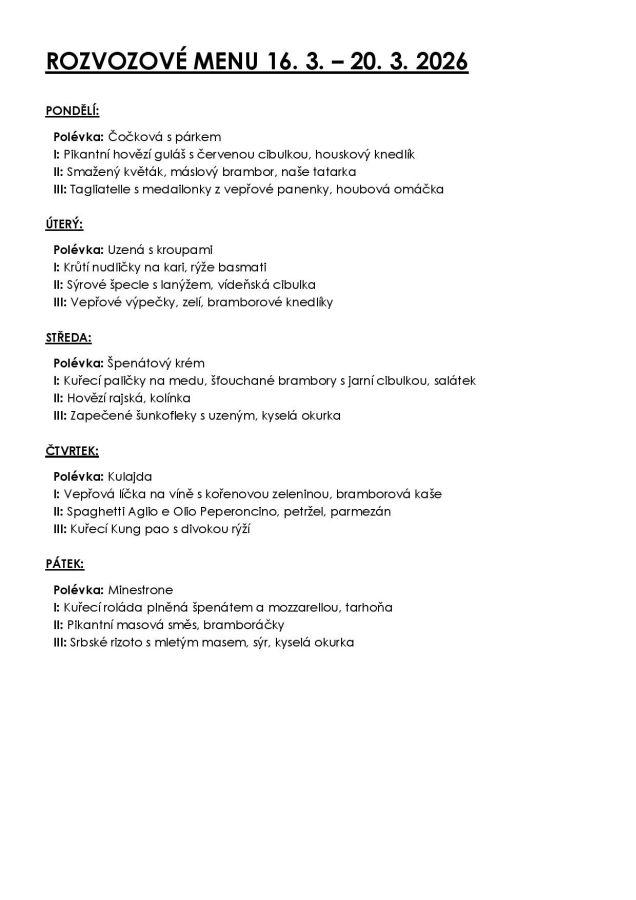 Týdenní menu ROZVOZ 16.3. 20.3.2026
